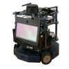 Blue mobile robot with screen, lidar sensor, and omni wheels