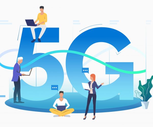 Professionals using high speed 5G network. Fifth generation, internet, speech bubble. Technology concept. Vector illustration can be used for topics like telecommunication, interacting, teamwork